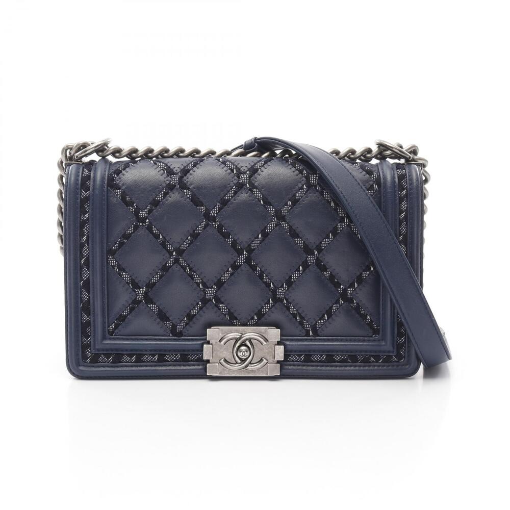 Chanel Boy Tweed Stitch Shoulder Bag Lambskin Sheepskin Leather Navy Blue